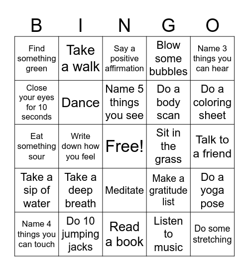 Mindfulness BINGO Card