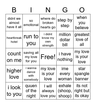 whitney houston Bingo Card