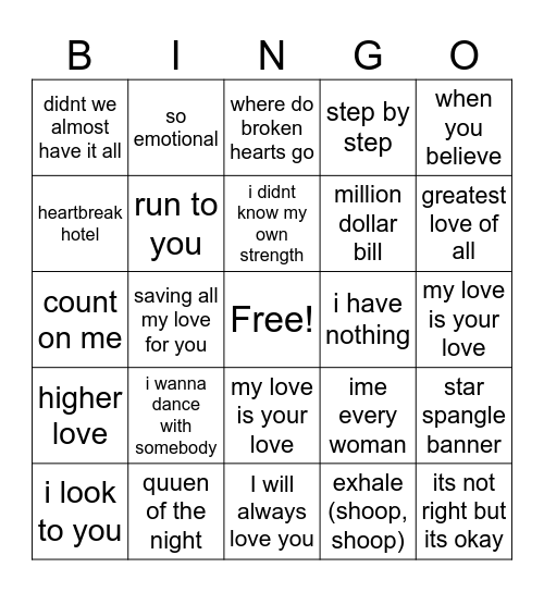 whitney houston Bingo Card