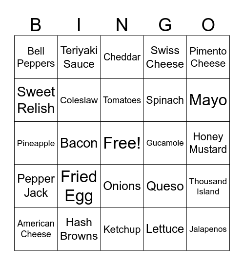 Cheeseburger Toppings B Bingo Card