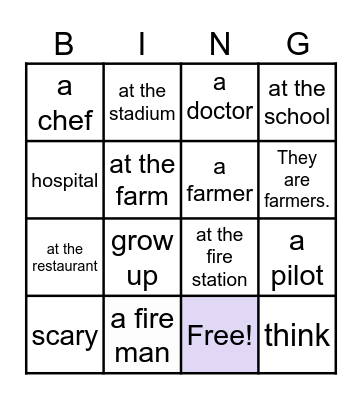 JOB AND PLACE  M.1 Bingo Card