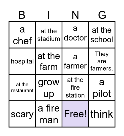 JOB AND PLACE  M.1 Bingo Card