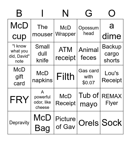 What's In Boongo's Car? Bingo Card