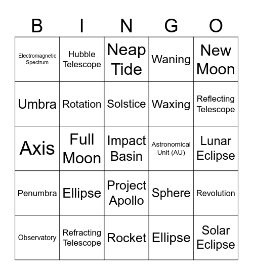 Gammon Astronomy Unit Bingo Card