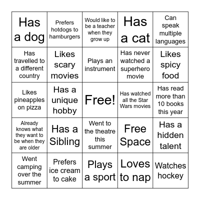 New Class Bingo Card