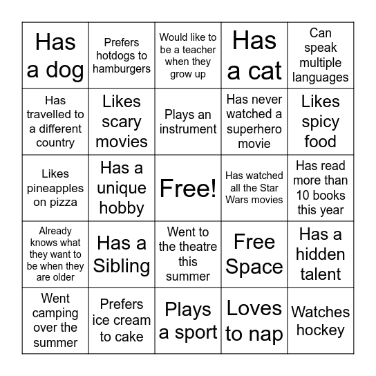 New Class Bingo Card