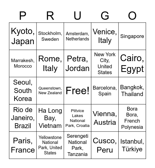 Pru-GO! Global Getaway Bingo Card