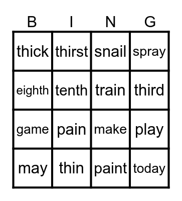 P3 - FR 0 - Bingo - th, Long a, a_e, ai, ay Bingo Card