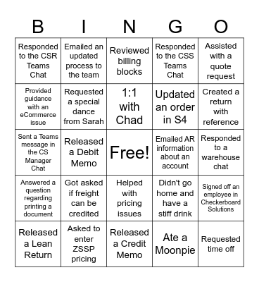 Customer Service Manager Bingo Card