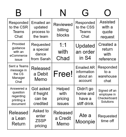 Customer Service Manager Bingo Card