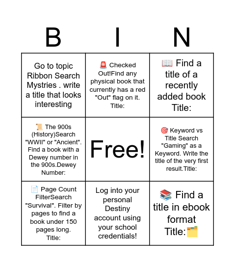 Find a Library Book Using Destiny DIscover Bingo Card