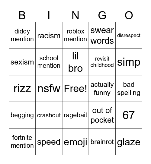 gen alpha kids bingo Card