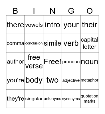 ENGLISH BINGO Card