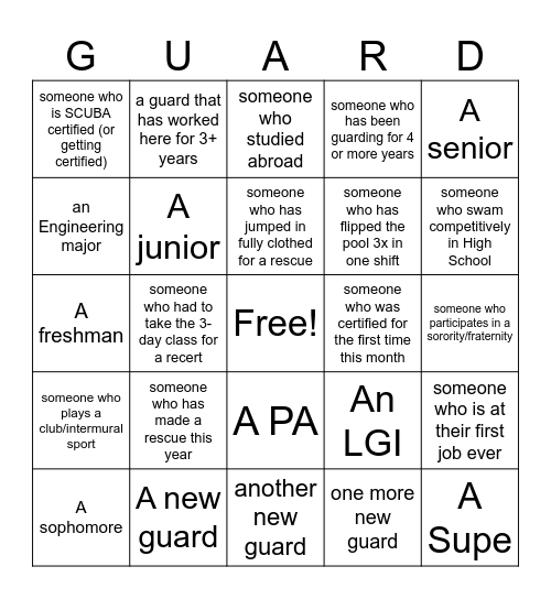 Lifeguard Blackout Bingo Card