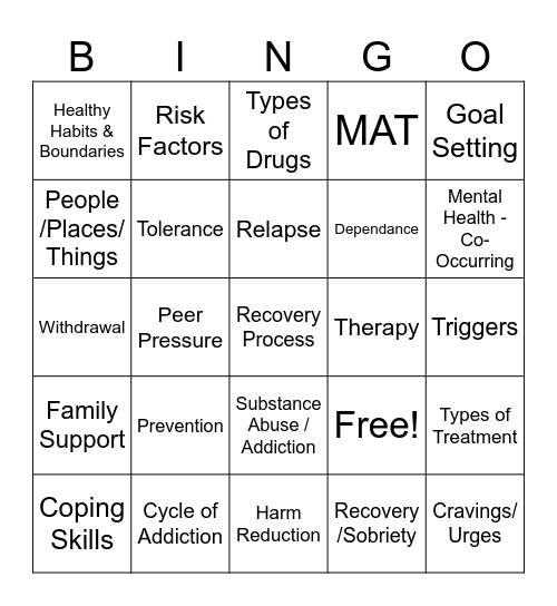 Addiction Bingo Card