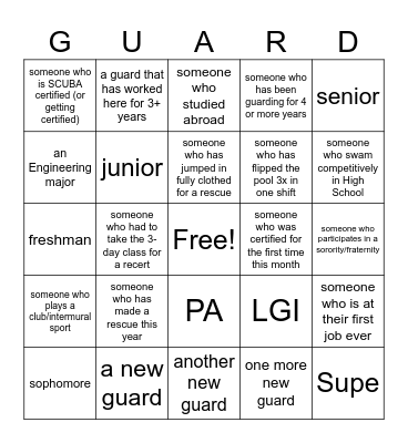 Lifeguard Blackout Bingo Card