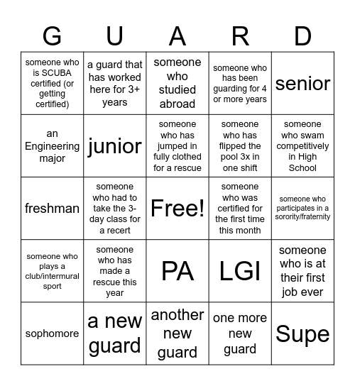 Lifeguard Blackout Bingo Card