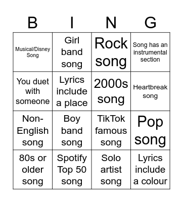 Karaoke Bingo Card