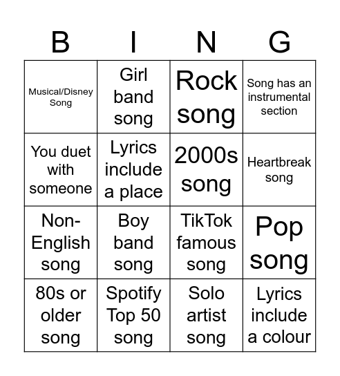 Karaoke Bingo Card