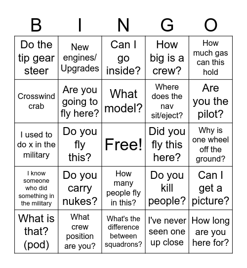 Airshow Bingo Card