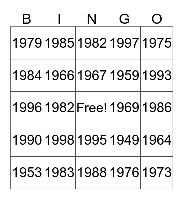 DOB - YEAR Bingo Card