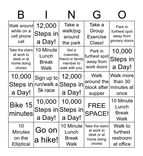 Walking Challenge  Bingo Card
