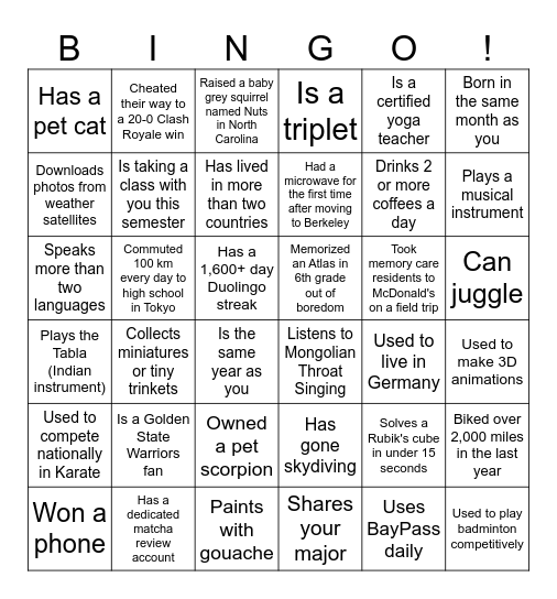 QC@B get to know you Bingo Card