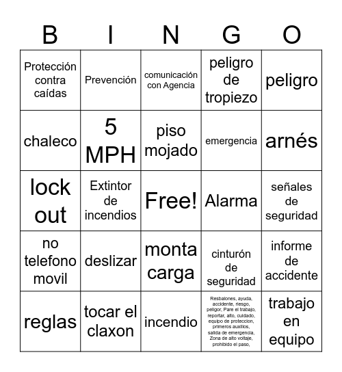 Safety Bingo Card