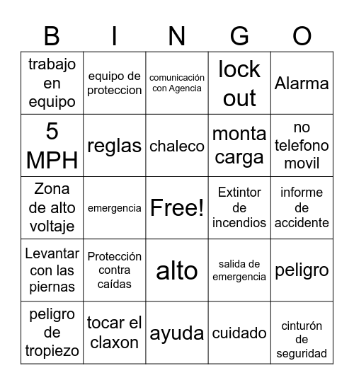 Safety Bingo Card