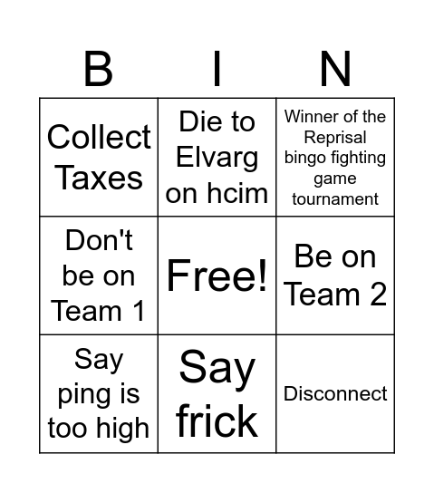 Reprisal Bingo Card