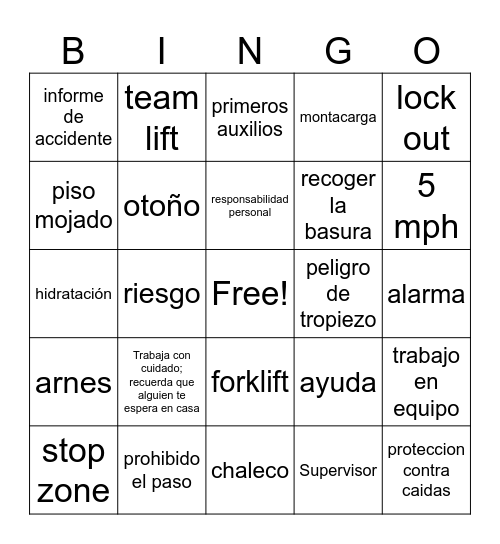 Safety Bingo Card