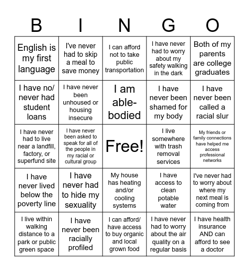 Check the Privledge BINGO Card