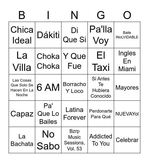 Latin Hits Now Bingo Card