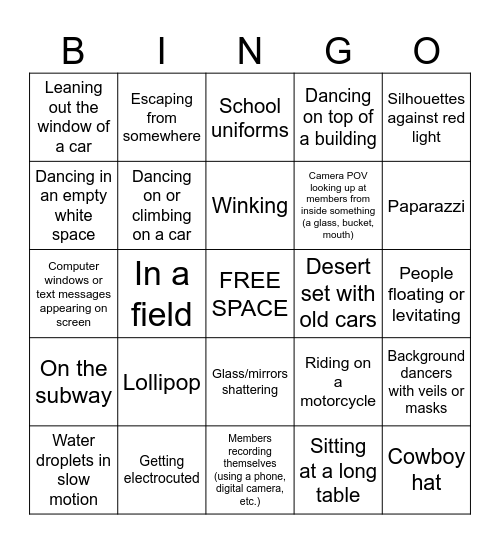 K-pop Music Video Tropes Bingo Card