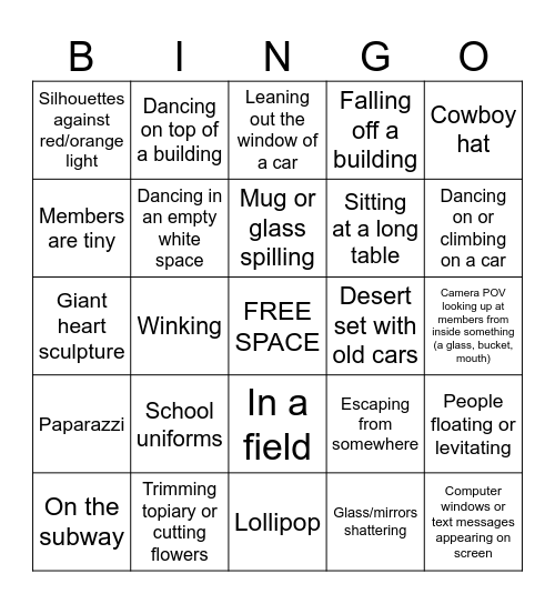 K-pop Music Video Tropes Bingo Card