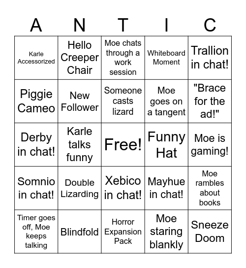 Antics Bingo 2 Bingo Card