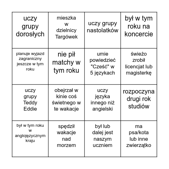 Znajdź kogoś kto... Bingo Card
