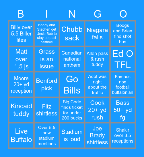Bills vs Lions Bingo Card