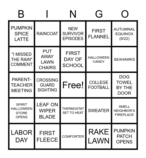 FIRST TRUE DAY OF FALL Bingo Card