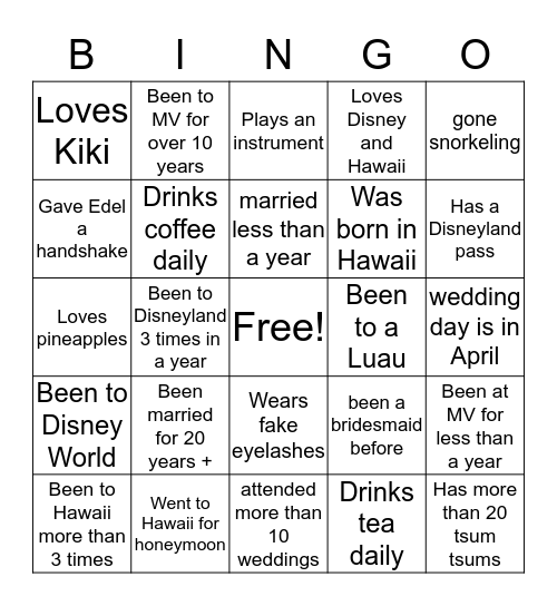Kiki's Bridal Shower Bingo Card