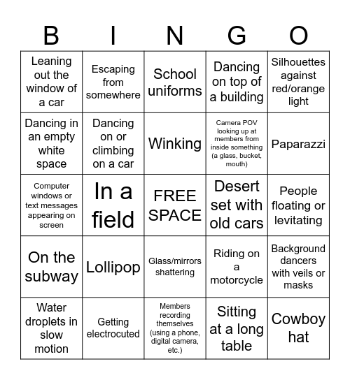 K-pop Music Video Tropes Bingo Card