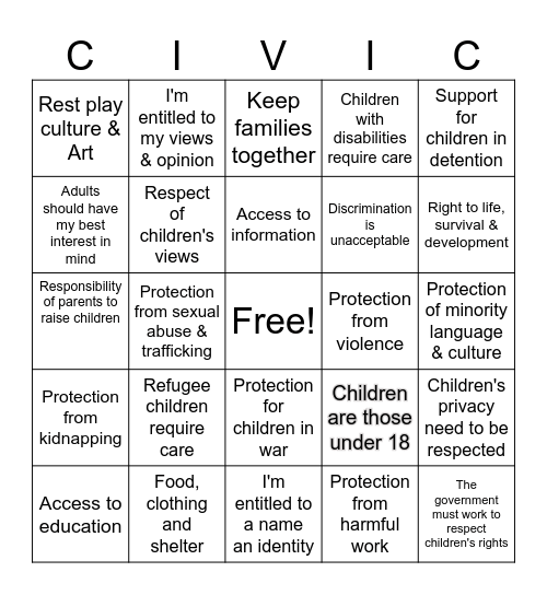 United Nations Rights of the Child Bingo Card