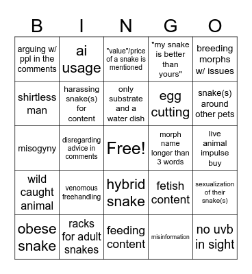 questionable snake content on social media Bingo Card