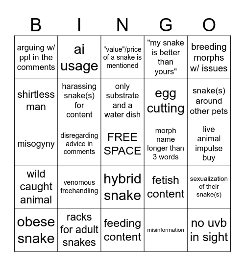questionable snake content on social media Bingo Card