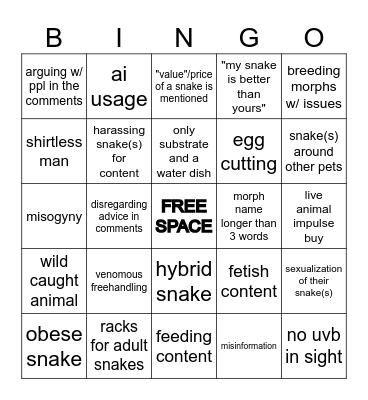 questionable snake content on social media Bingo Card