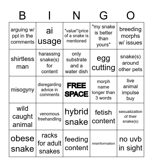 questionable snake content on social media Bingo Card