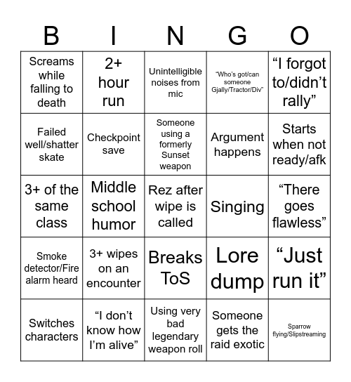 D2 Raid Bingo Card