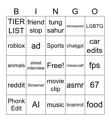 Youtube Shorts Bingo Card