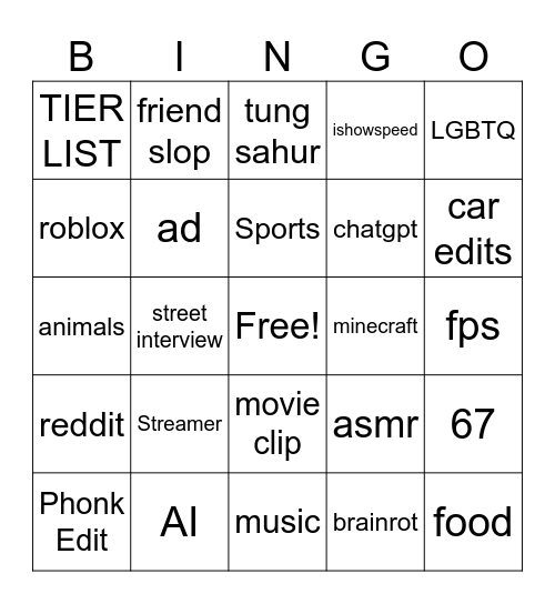Youtube Shorts Bingo Card