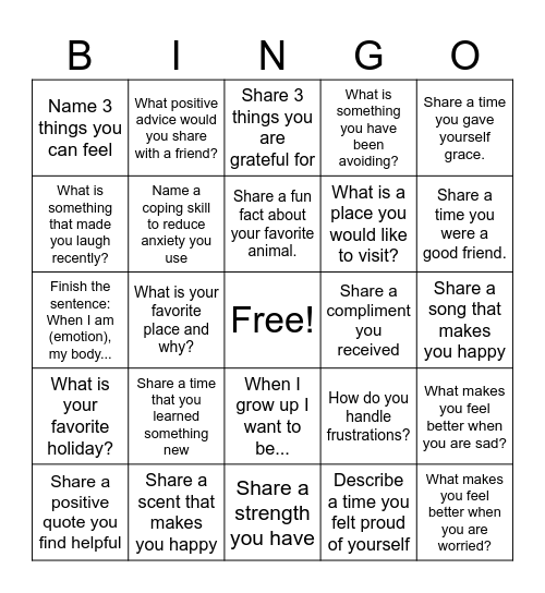 Therapy Bingo Card